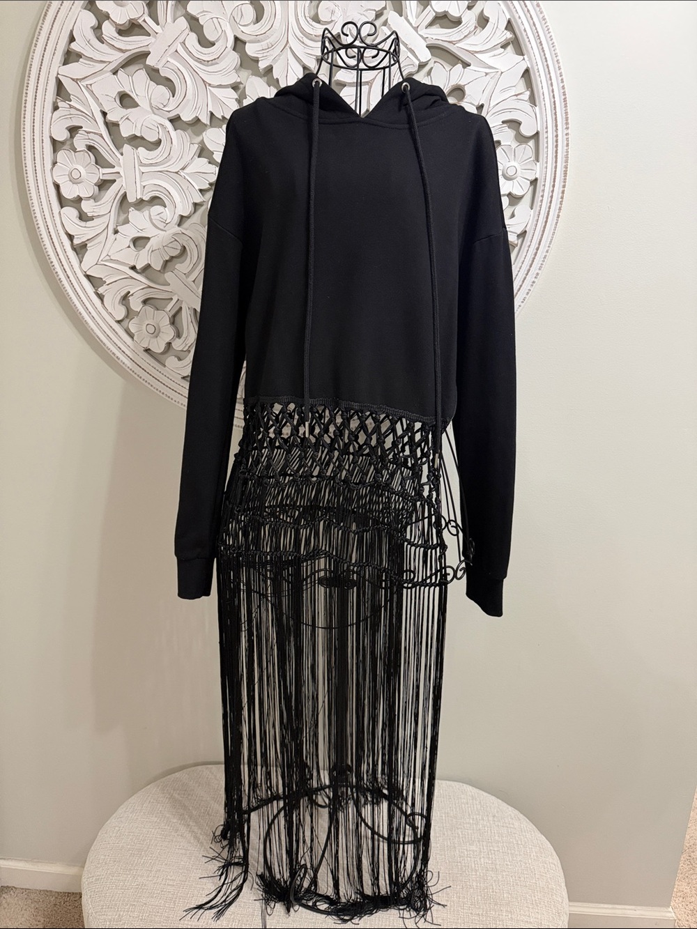 AKIRA Black Long-Sleeve Hoodie Dress with Macramé Fringe Hem